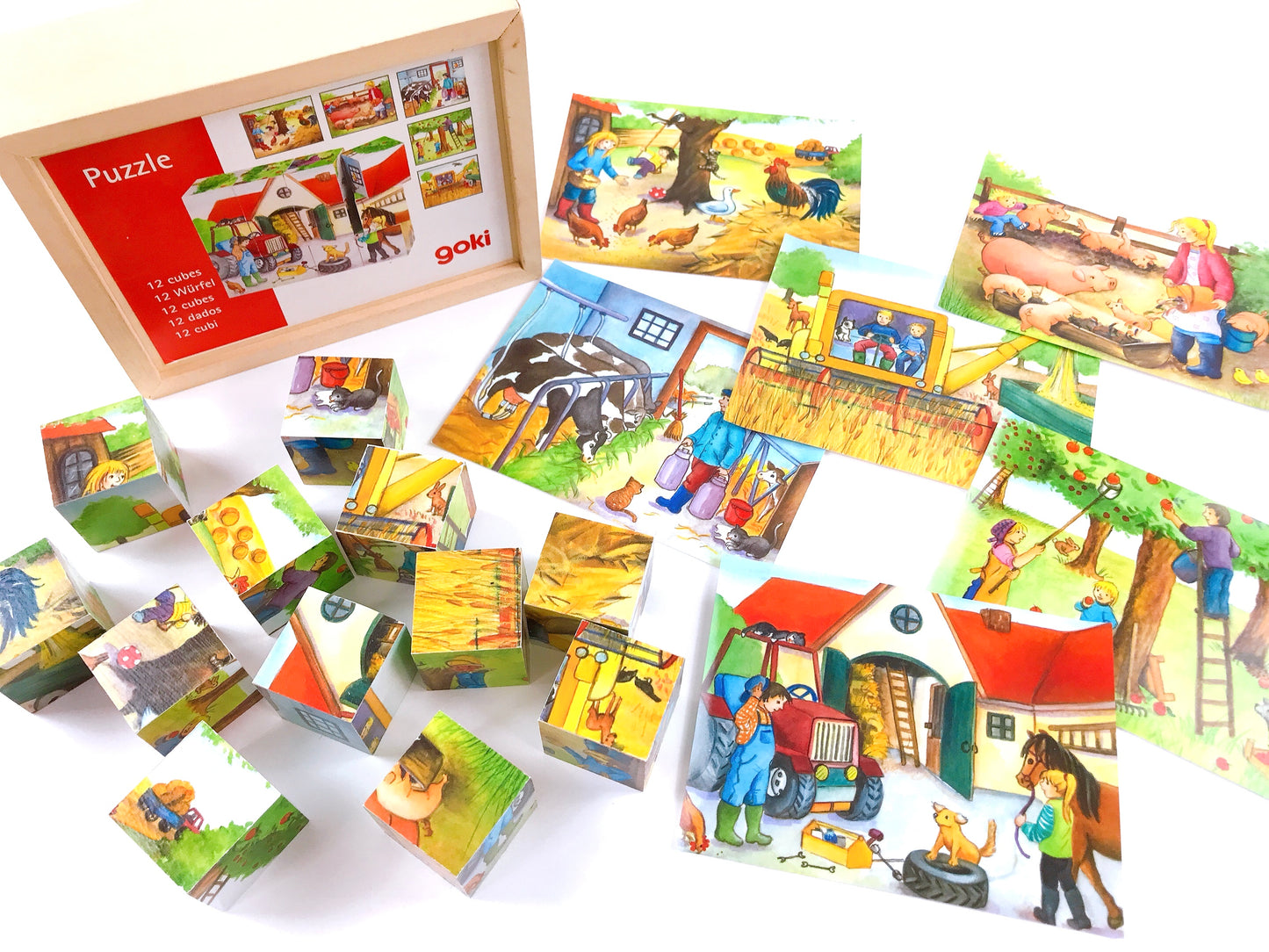 Würfelpuzzle Bauernhof, Holz, goki