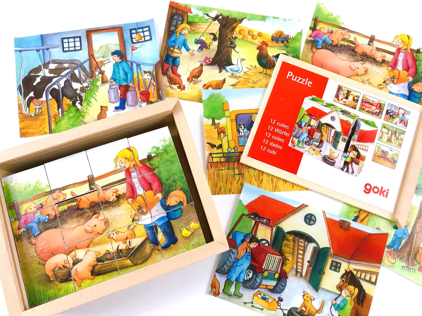 Würfelpuzzle Bauernhof, Holz, goki