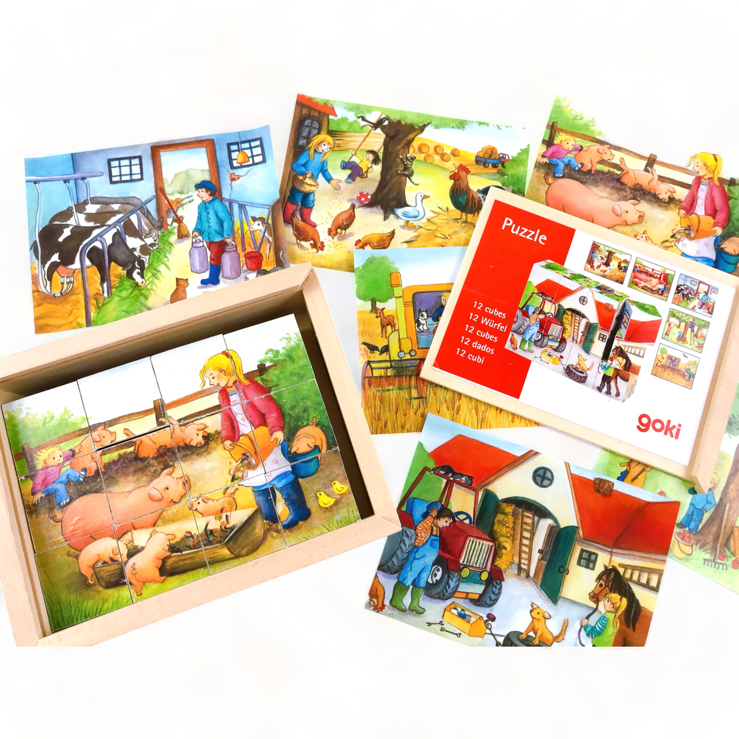 Würfelpuzzle Bauernhof, Holz, goki