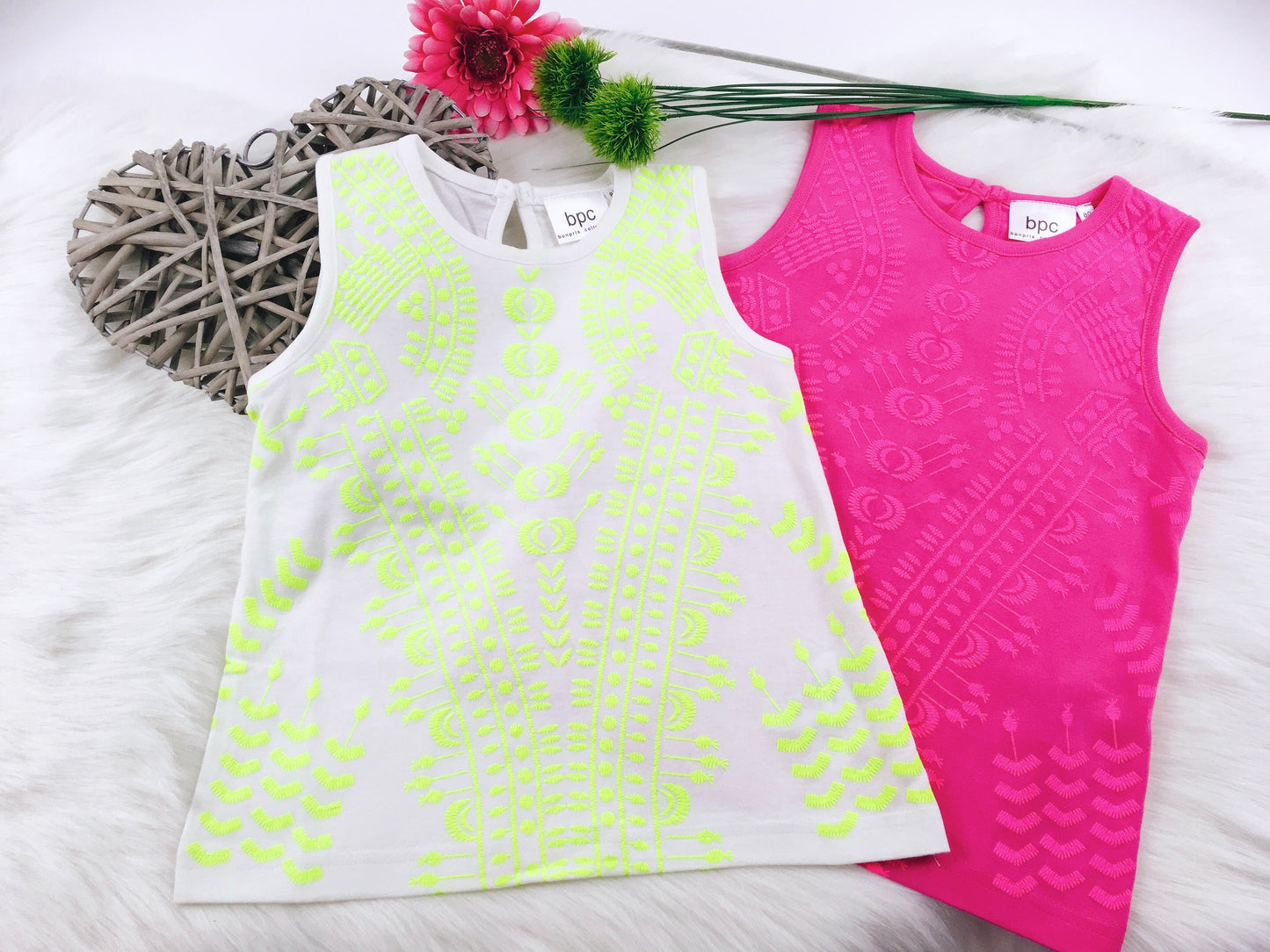 2-tlg. Set Tops, ärmellos, pink, weiß/neongrün