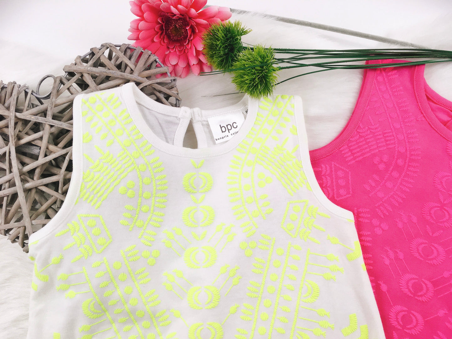 2-tlg. Set Tops, ärmellos, pink, weiß/neongrün