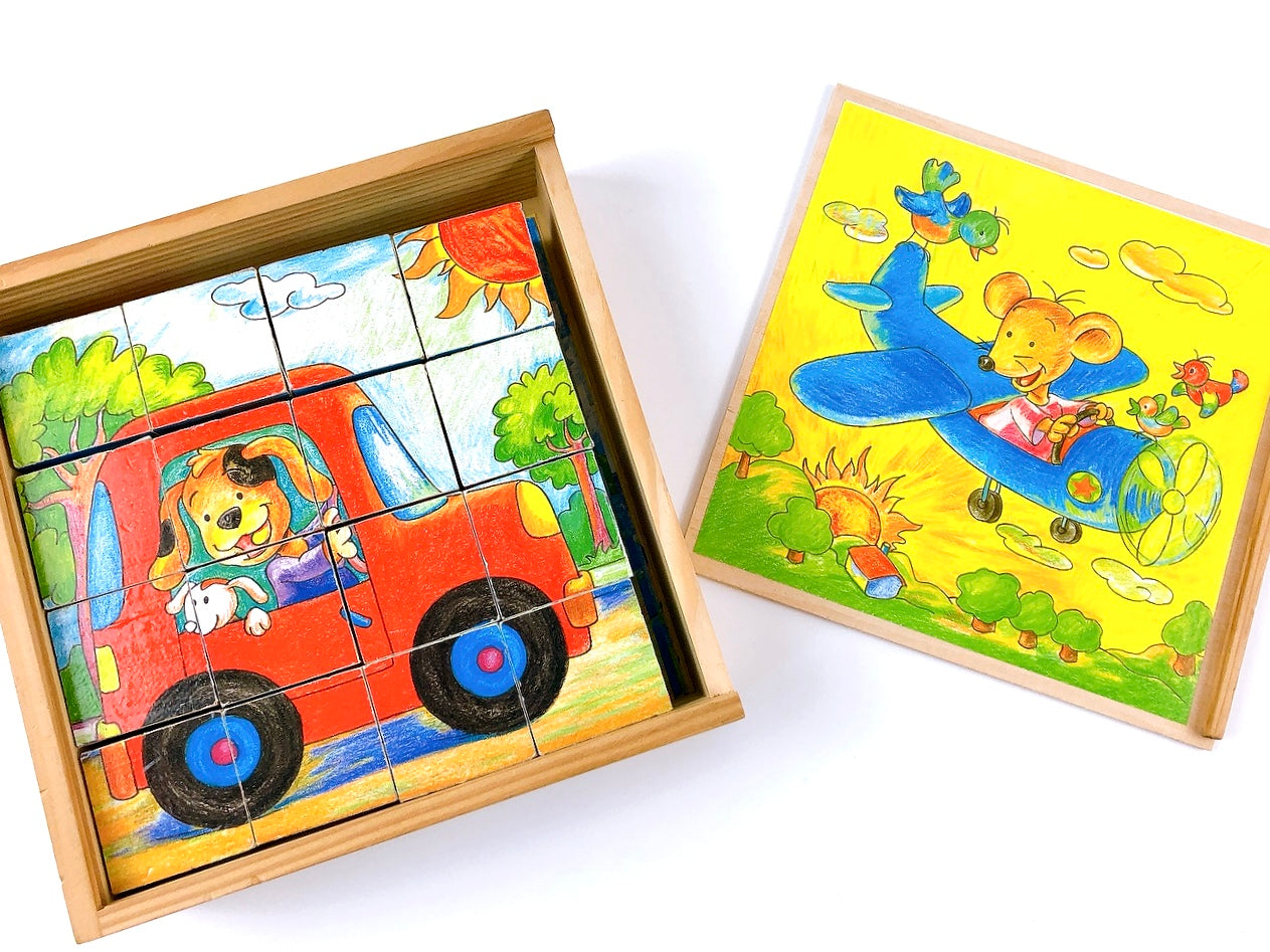 Würfelpuzzle, Holz, 6 Motive