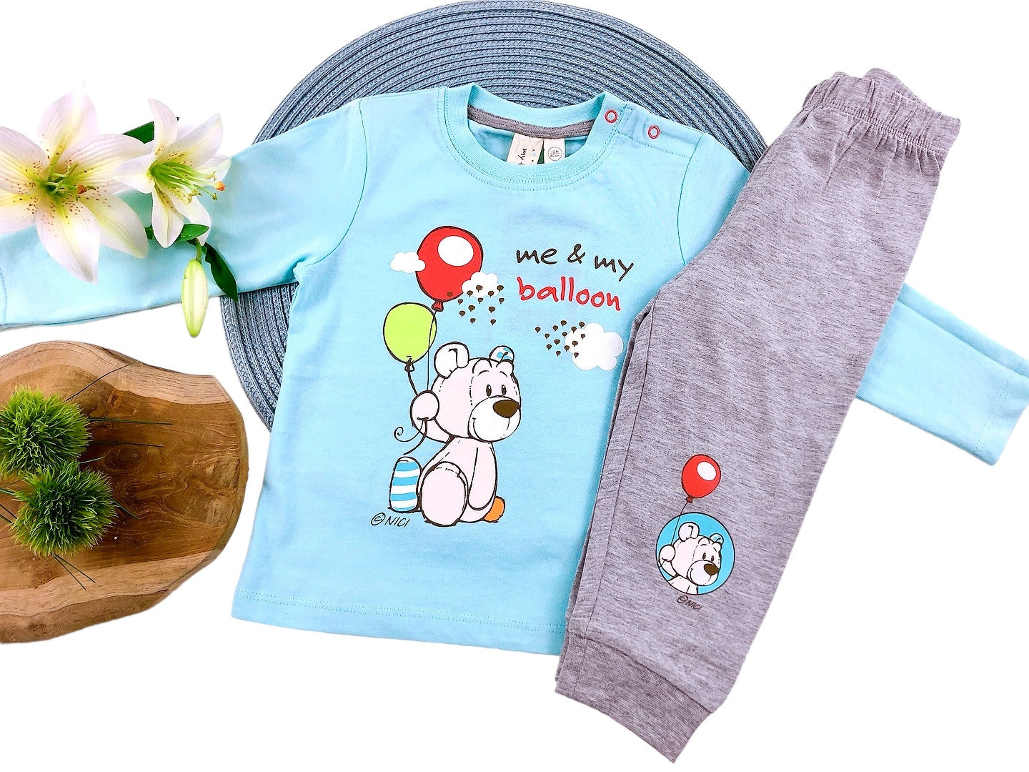 2-tlg. Set, NICI, Langarm-Shirt + Hose, Gr. 80, grau-blau