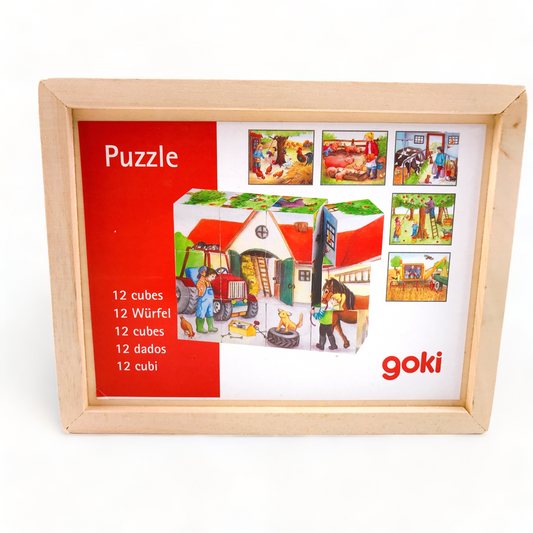 Würfelpuzzle Bauernhof, Holz, goki