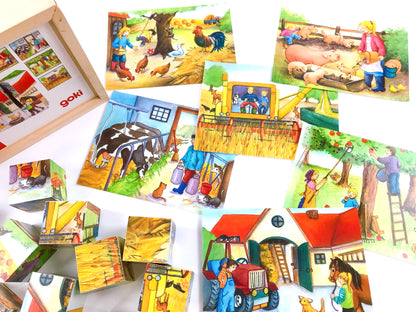 Würfelpuzzle Bauernhof, Holz, goki